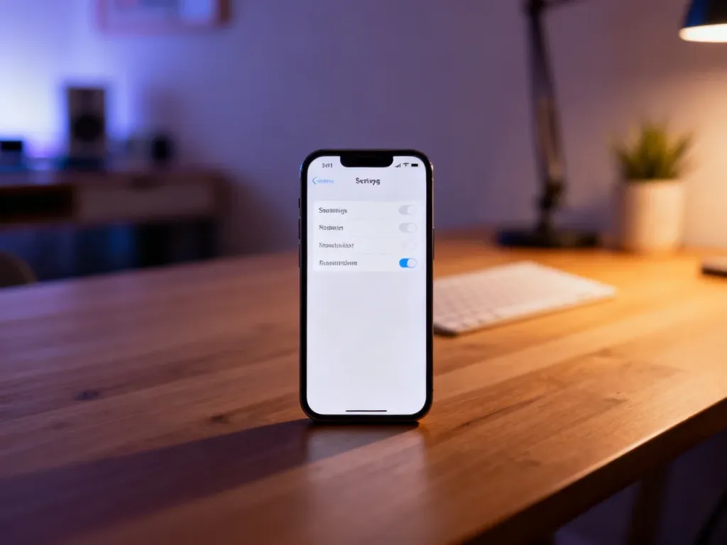 iPhone leżący na drewnianym biurku z widocznym menu ustawień, sugerujący miejsce konfiguracji ukrytych aplikacji.