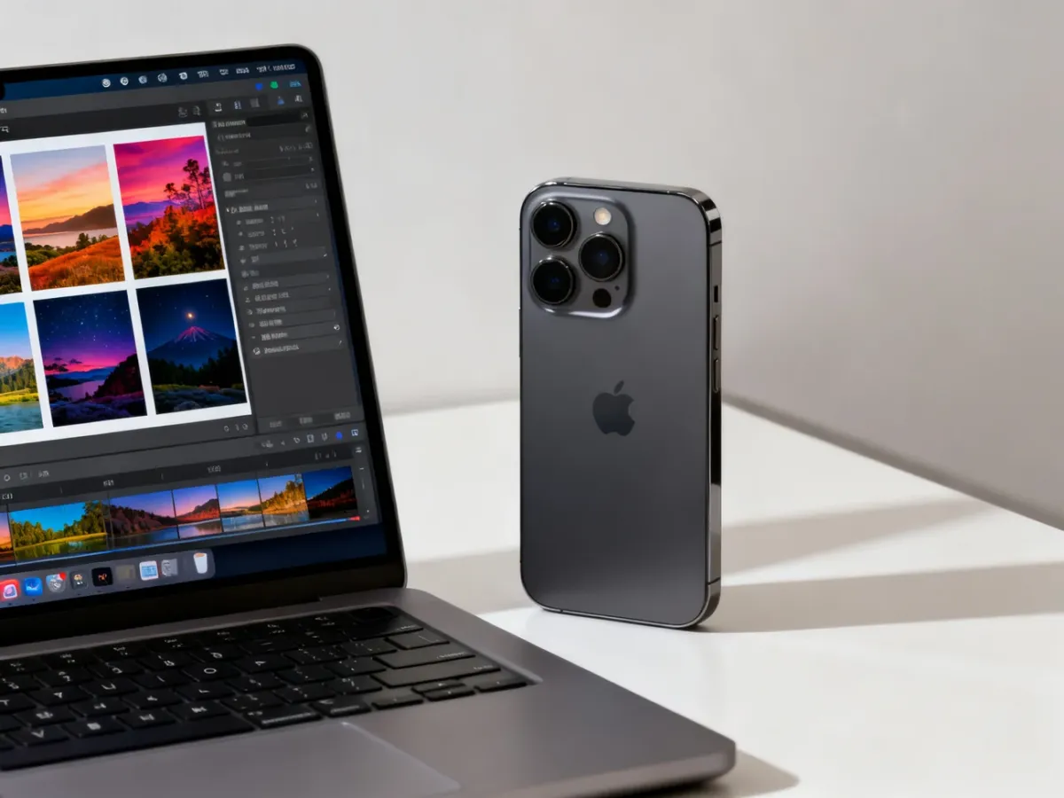 iPhone 15 Pro beside a laptop showing photo editing work