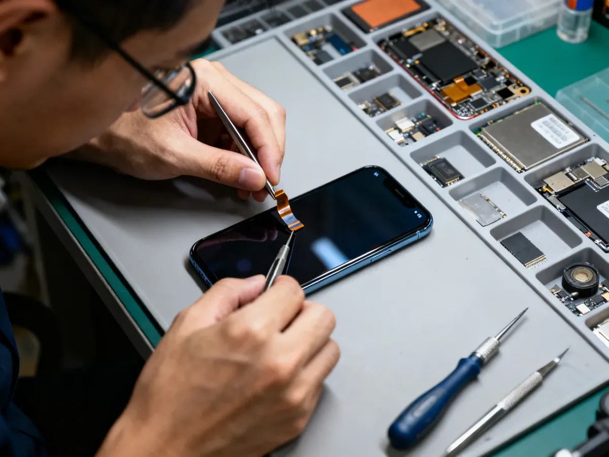 Serwisant wymienia ekran iPhone’a 11 przy użyciu precyzyjnych narzędzi