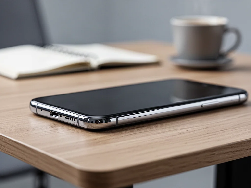 Elegancki smartfon leżący na drewnianym biurku, prezentujący nowoczesny design i wysoką jakość wykonania urządzenia.