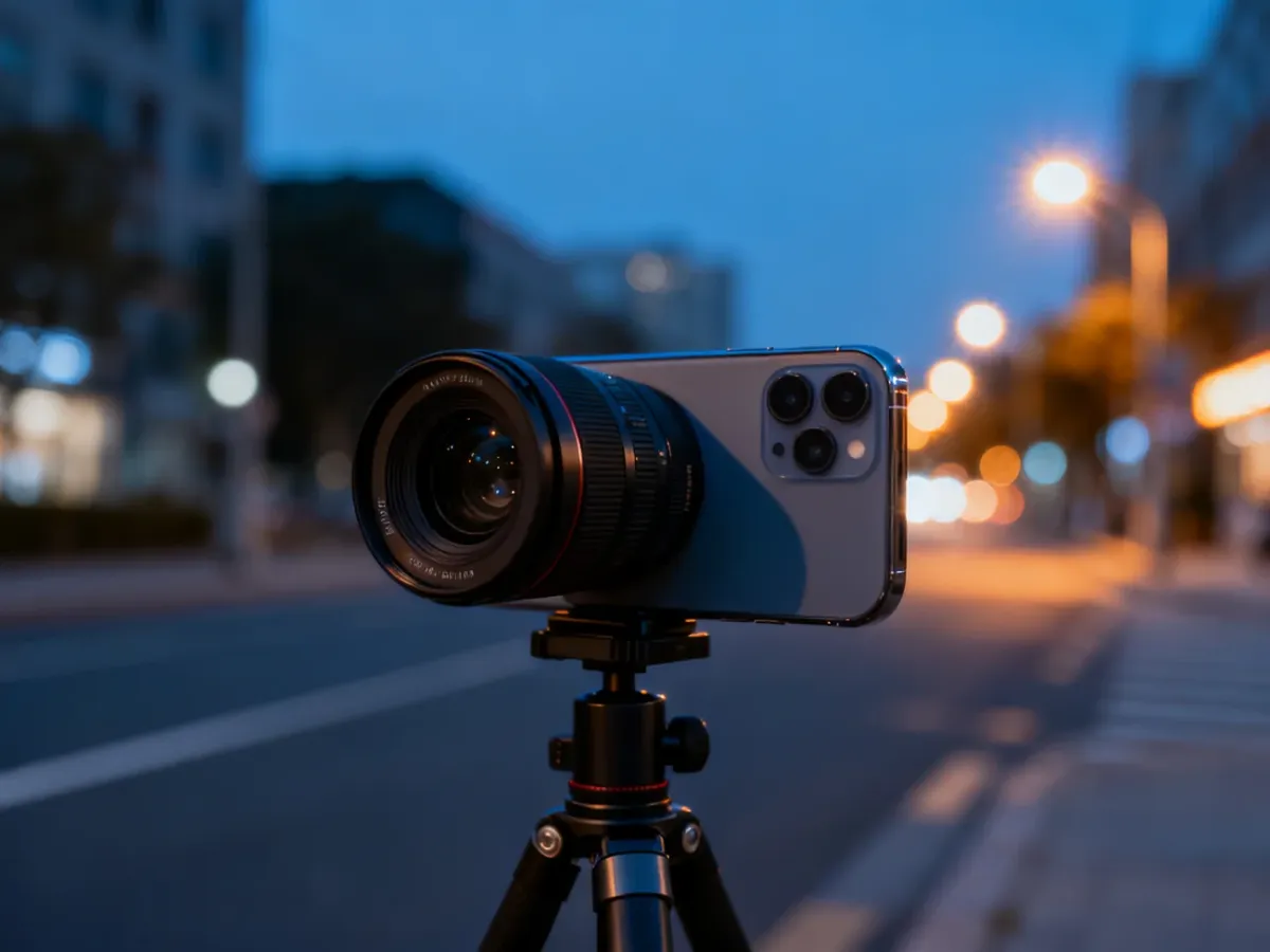 Stabilny smartfon przygotowany do wykonania nocnego zdjęcia