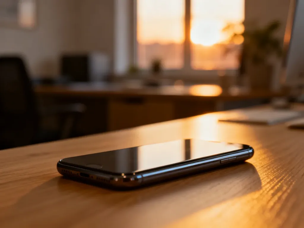 Nowoczesny smartfon leżący na drewnianym biurku w przytulnym, słonecznym biurze.
