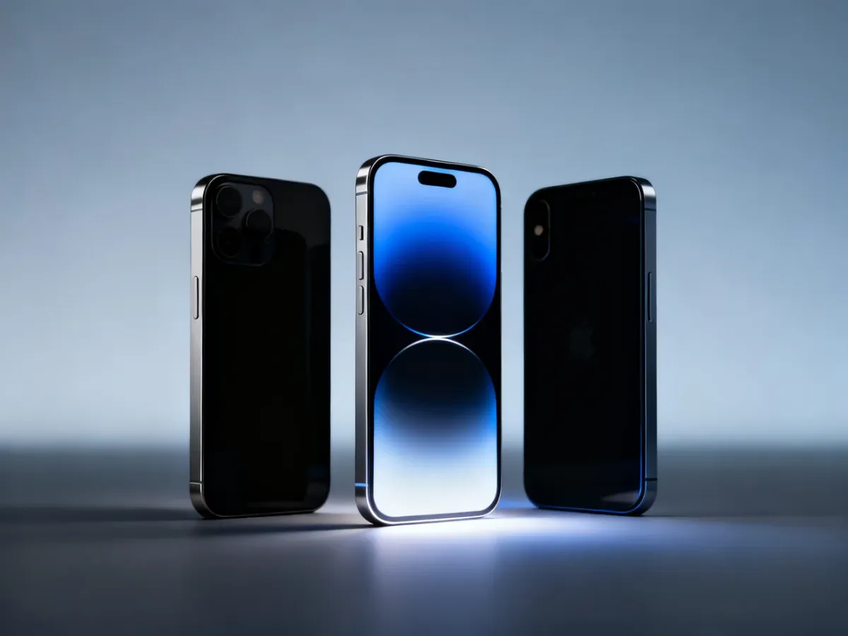 Trzy smartfony reprezentujące różne generacje iPhone’a ustawione obok siebie