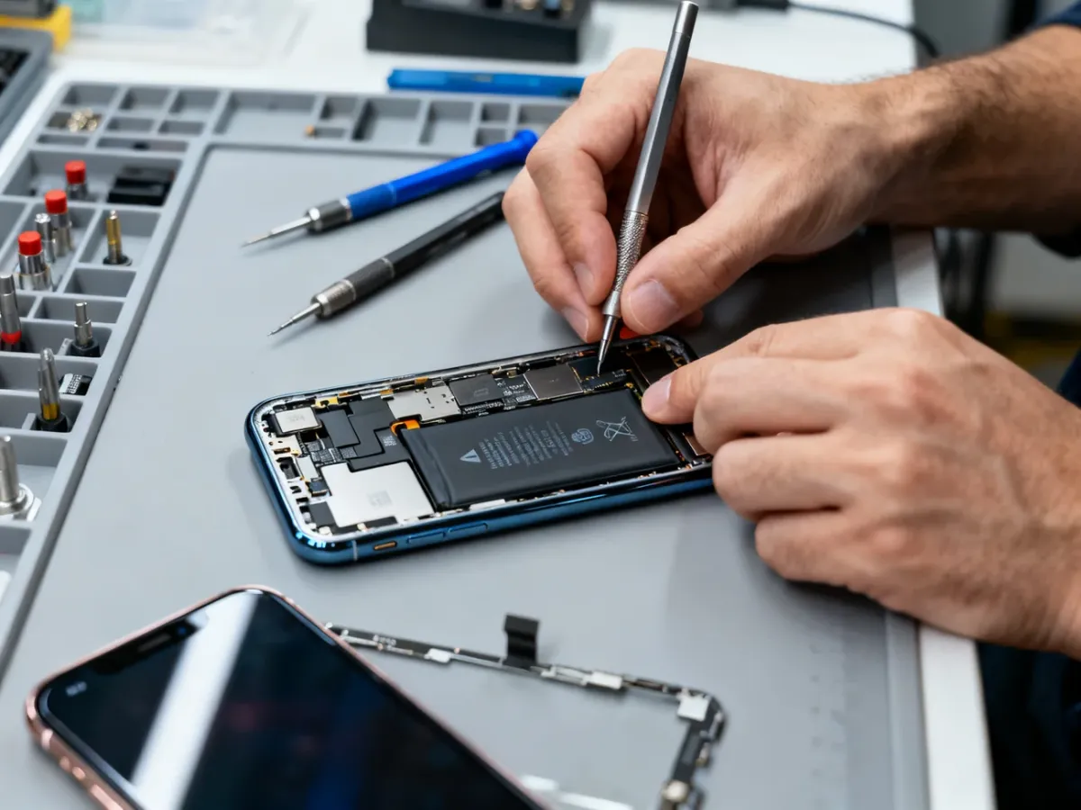 Technik wymieniający baterię w otwartym iPhonie 11