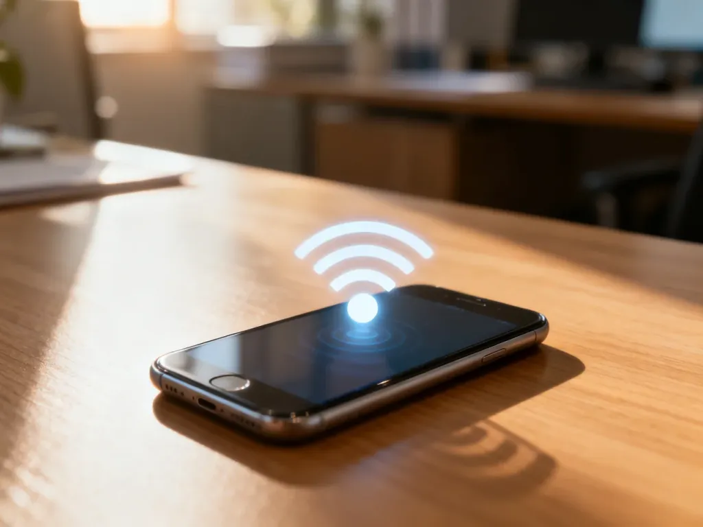 Smartfon leżący na biurku z widoczną ikoną udostępniania internetu, symbolizującą aktywny hotspot.