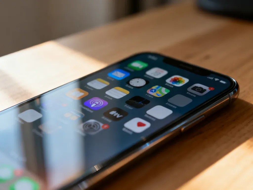 Ekran iPhone'a z siatką ikon aplikacji i pustymi miejscami, ilustrujący proces porządkowania ekranu głównego.