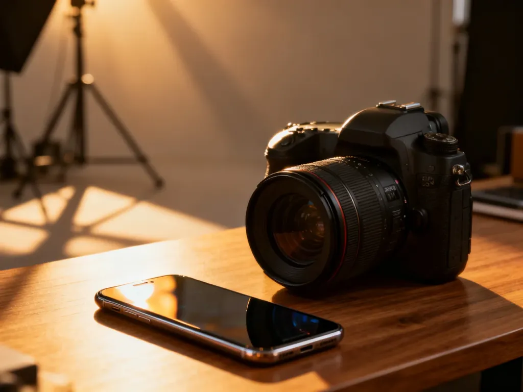 Profesjonalny aparat fotograficzny obok smartfona na drewnianym biurku w słonecznym studiu.