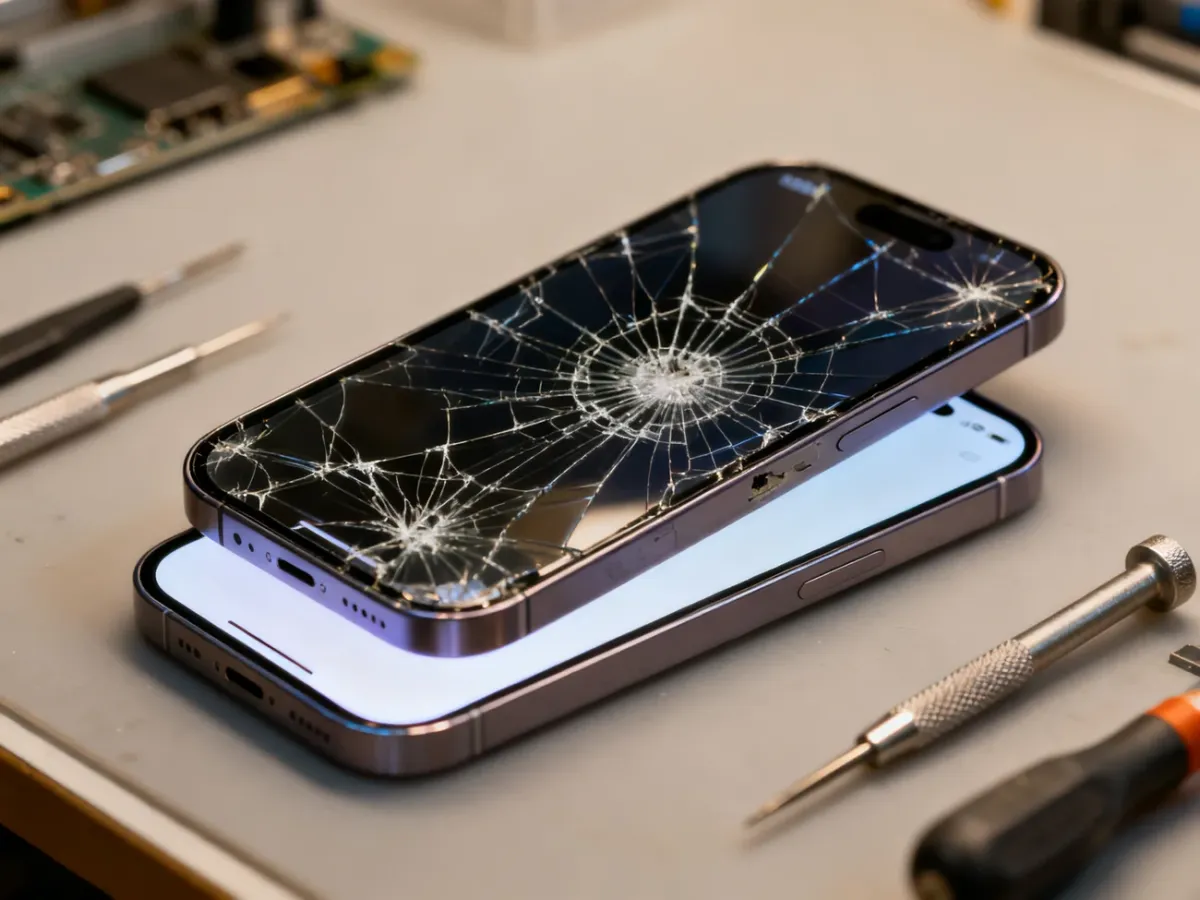 Pęknięta szybka iPhone’a 14 z prawidłowo działającym wyświetlaczem na stanowisku serwisowym