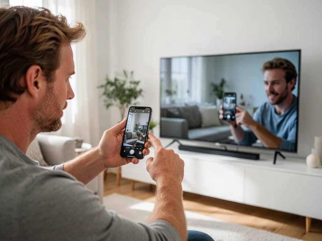 Mężczyzna trzymający iPhone'a skierowanego w stronę telewizora, na którym wyświetlany jest obraz z telefonu.