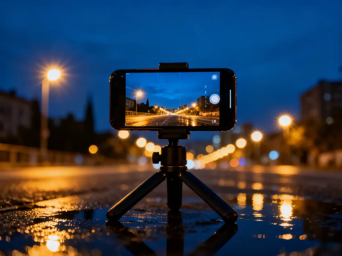Smartfon na statywie podczas fotografowania nocnego miasta