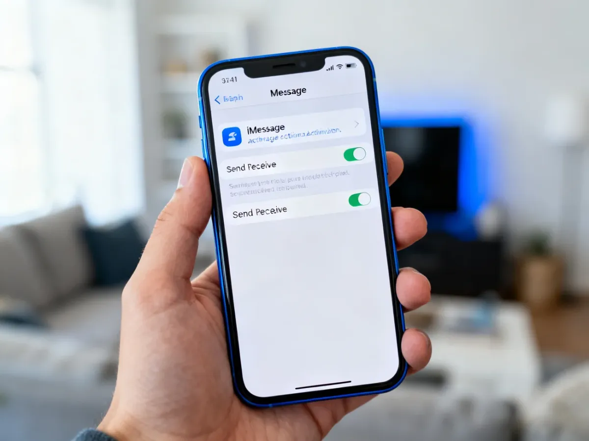 iPhone z otwartymi ustawieniami iMessage i opcjami wysyłania oraz odbierania wiadomości