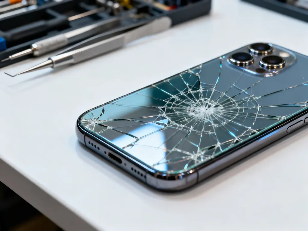 Zbliżenie na pękniętą tylną szybkę iPhone'a 15 Pro na profesjonalnym stanowisku serwisowym z narzędziami w tle.