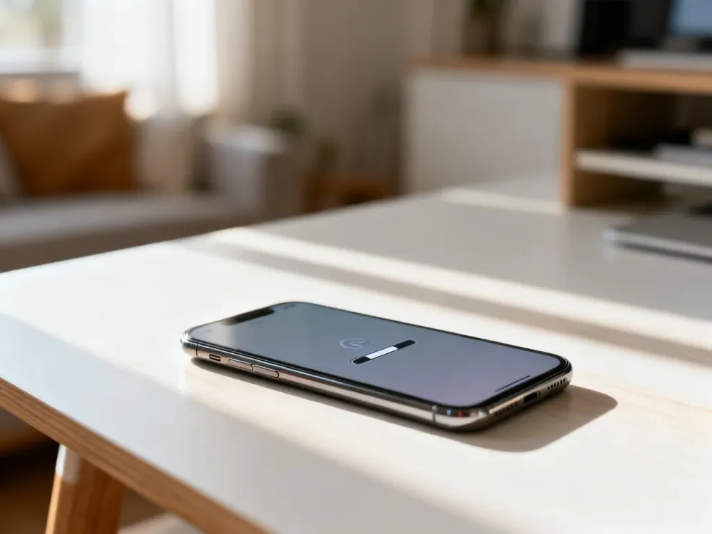 Nowoczesny smartfon na drewnianym biurku z ikoną ładowania na ekranie, symbolizującą proces przywracania danych z kopii.