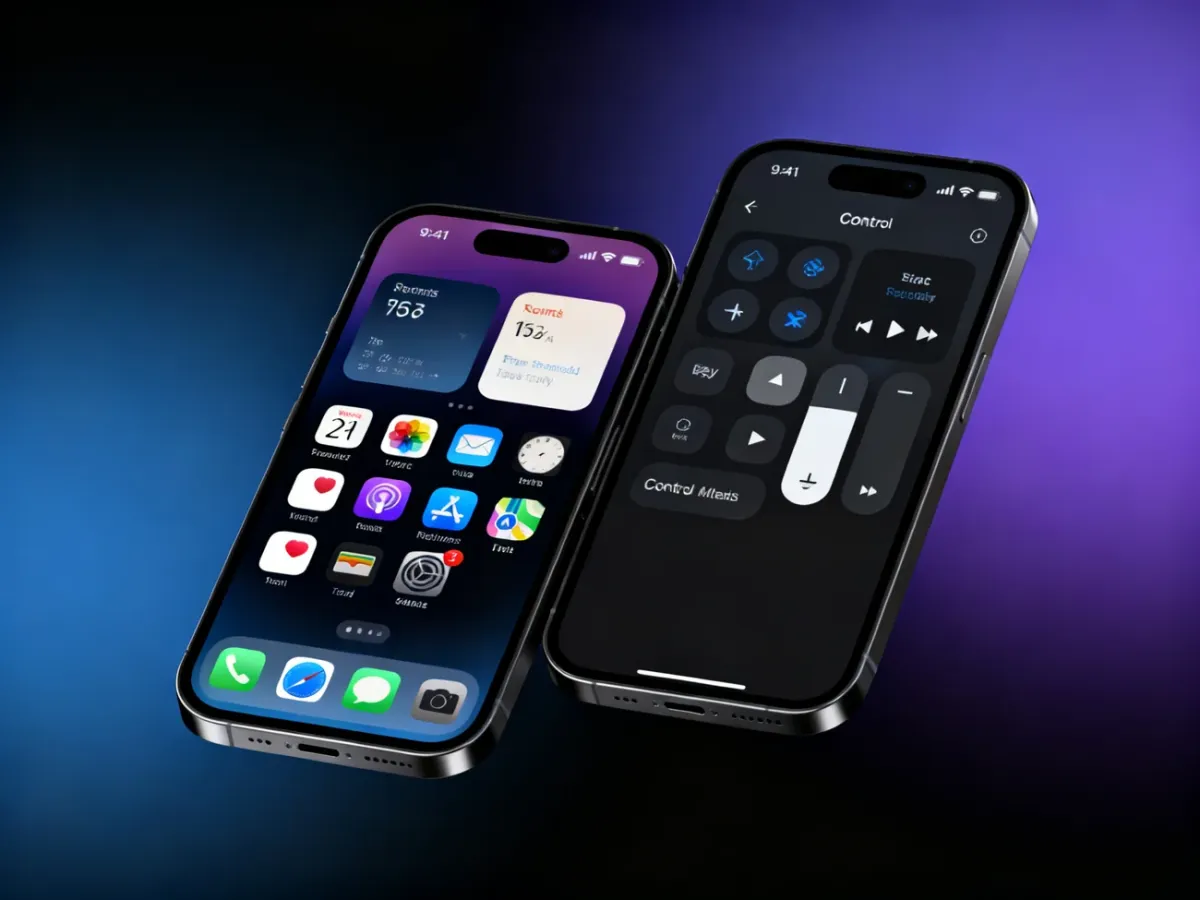 iPhone showing a personalized home screen and redesigned Control Center
