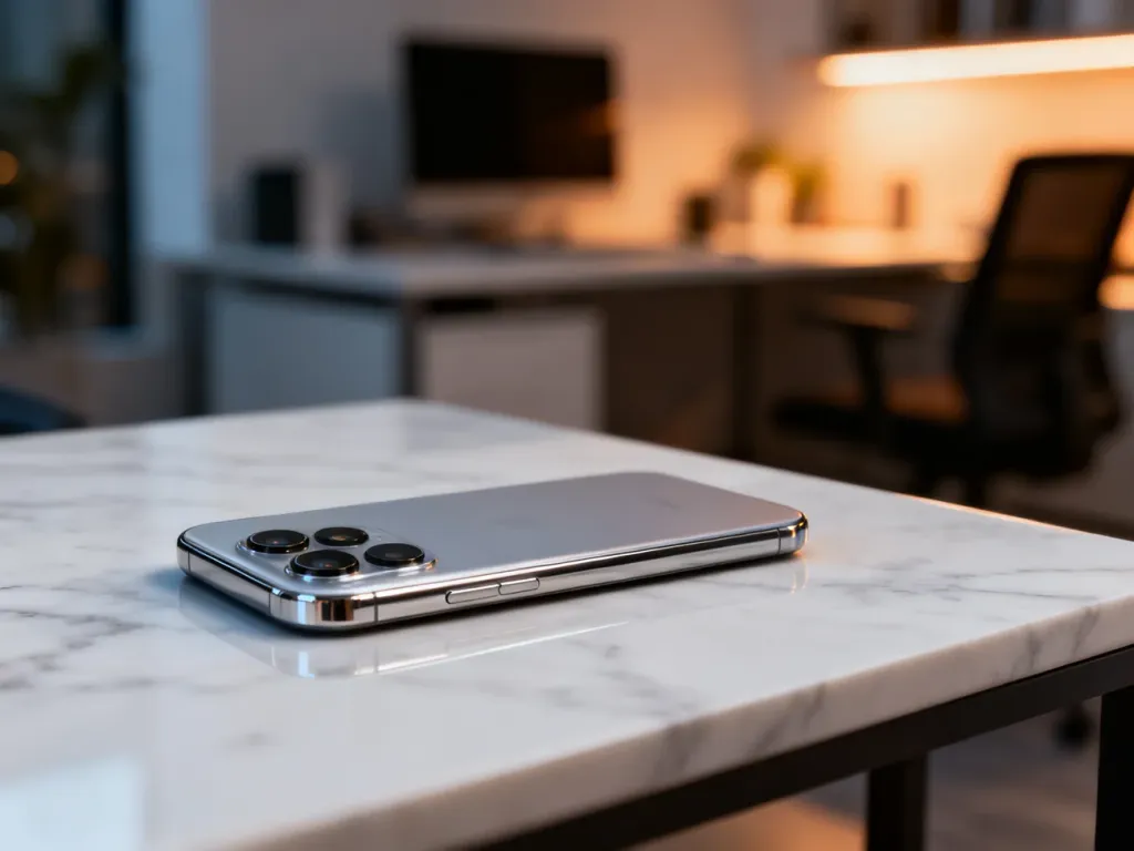 Elegancki iPhone Pro Max z potrójnym aparatem leżący na marmurowym biurku w nowoczesnym biurze.