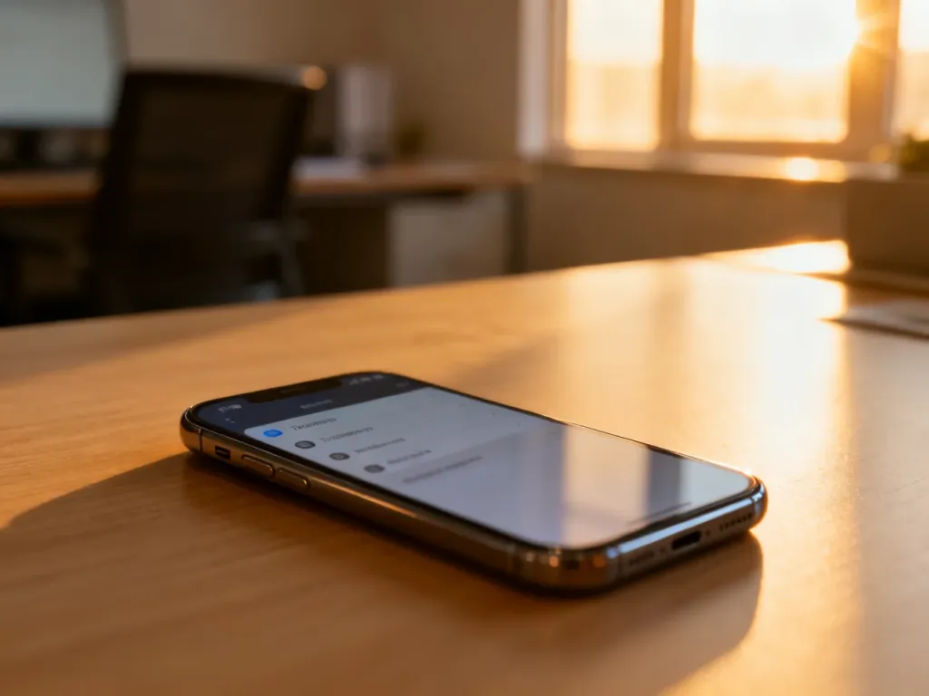 Nowoczesny smartfon leżący na drewnianym biurku, symbolizujący problemy z ustawieniami czasu przed ekranem w iPhone.
