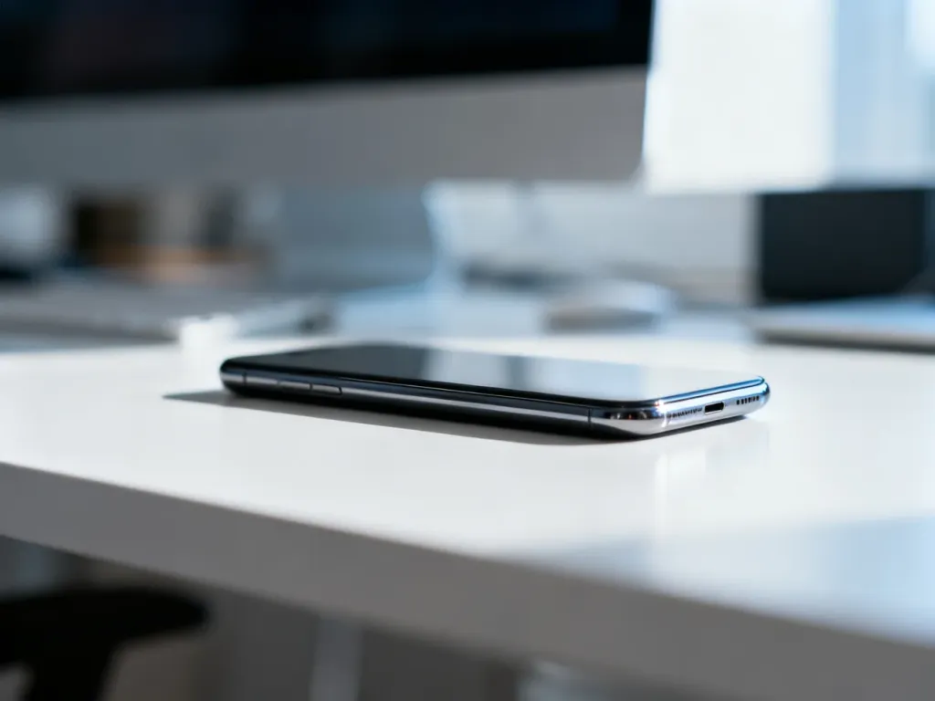 iPhone 12 leżący na minimalistycznym biurku, ukazujący smukłe krawędzie i nowoczesny design urządzenia.