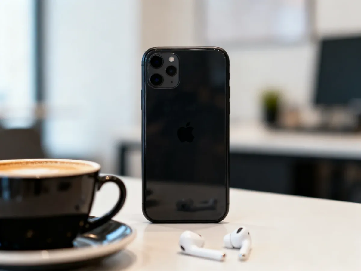 Czarny iPhone 11 na biurku w codziennym otoczeniu