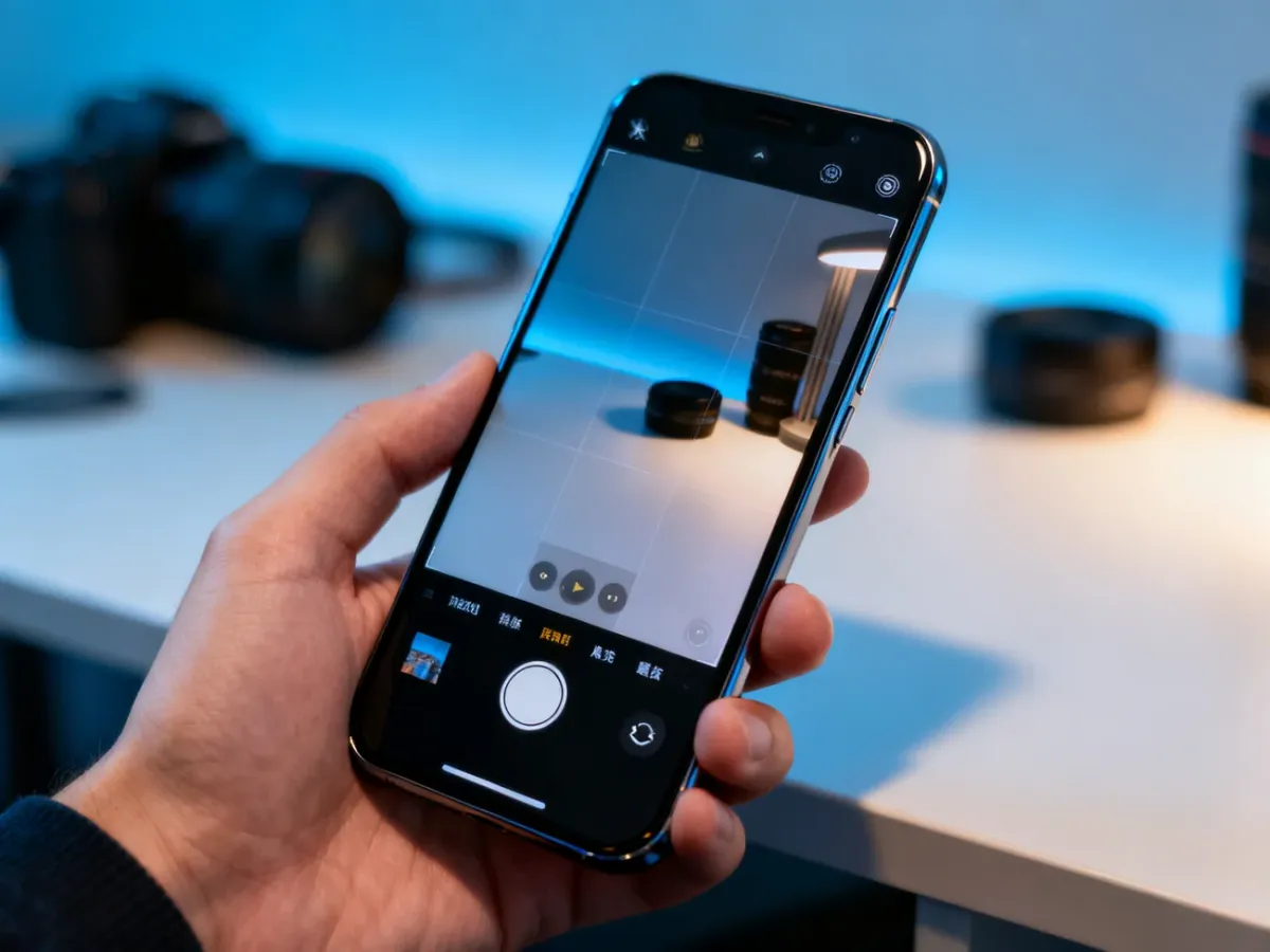 Smartfon z otwartymi ustawieniami aparatu na biurku