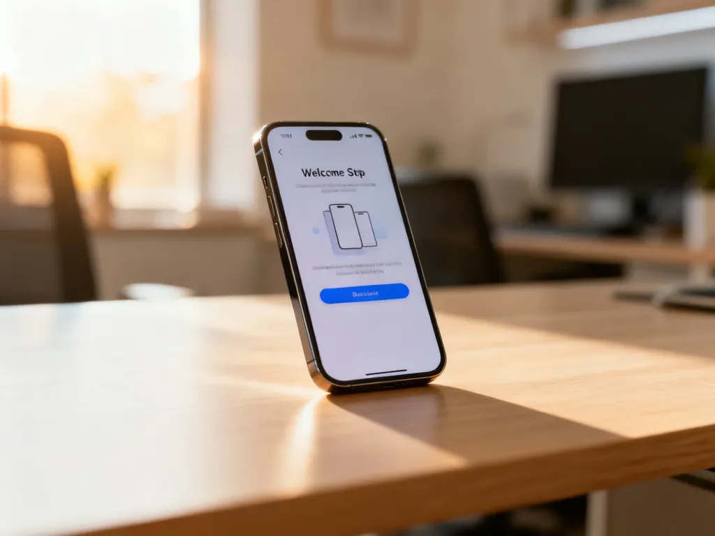Nowy iPhone na drewnianym biurku z wyświetlonym ekranem powitalnym, gotowy do konfiguracji po zakupie.