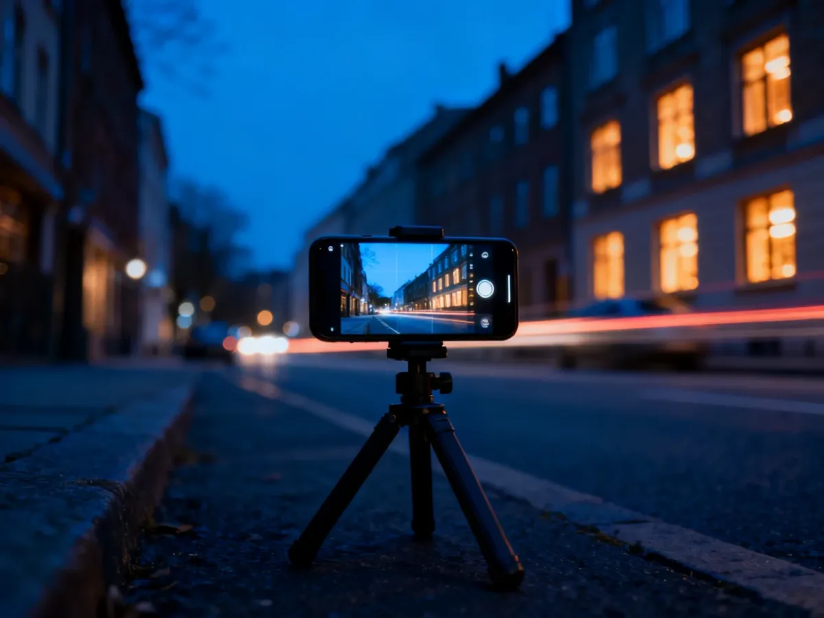 Smartfon na statywie podczas wykonywania nocnego zdjęcia