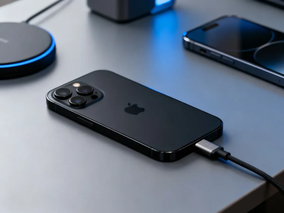 Czarny iPhone 15 podłączony przewodem USB-C