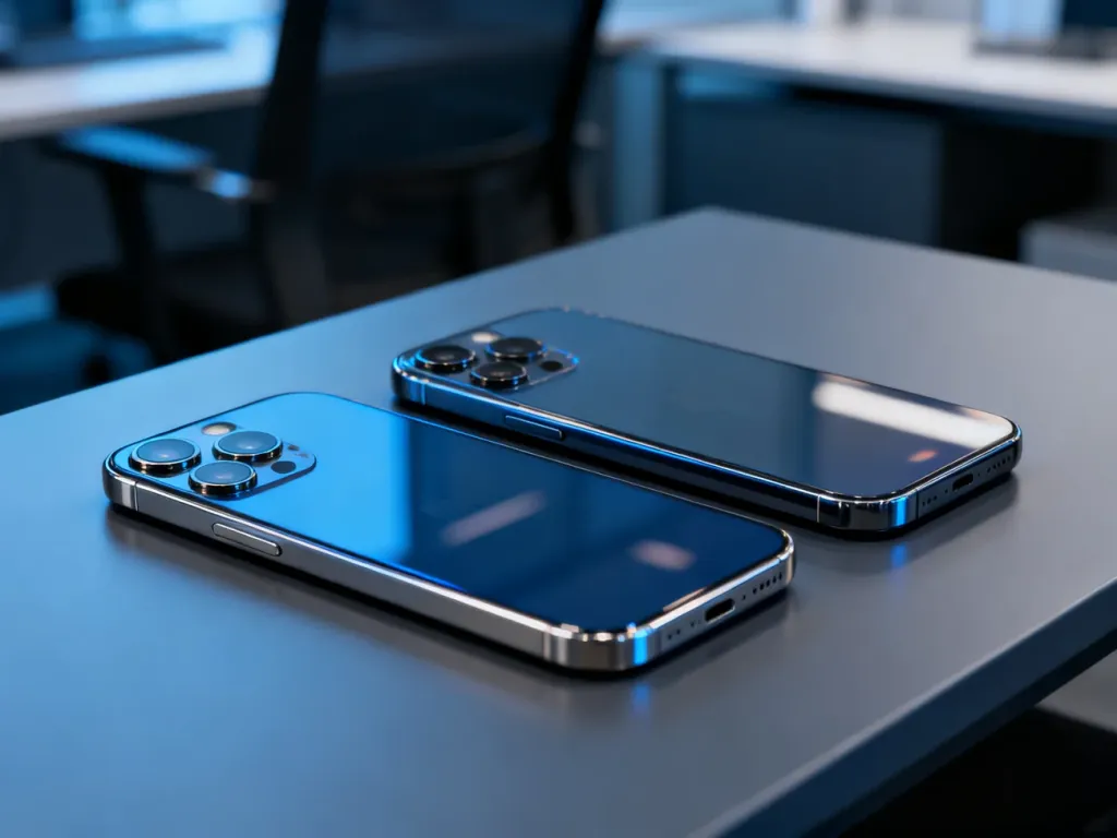 Dwa smartfony iPhone Pro leżące obok siebie na minimalistycznym biurku, ukazujące ich design i zaawansowane aparaty.