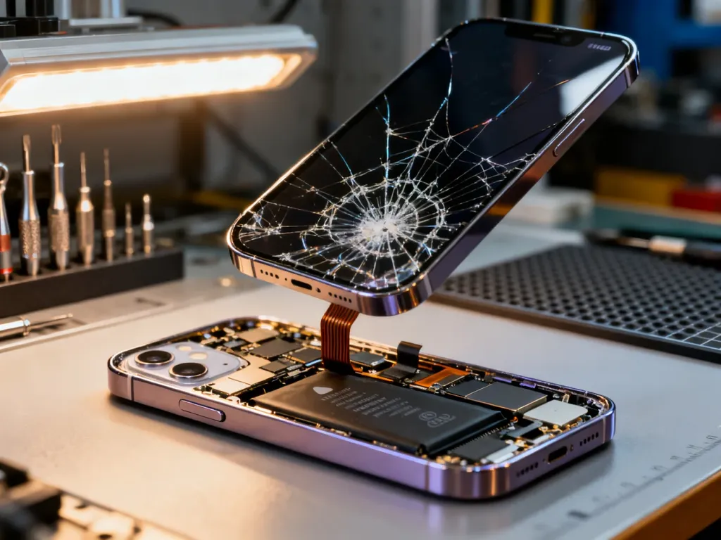 Rozłożony iPhone 12 mini z podniesionym, pękniętym ekranem na profesjonalnym stanowisku serwisowym.