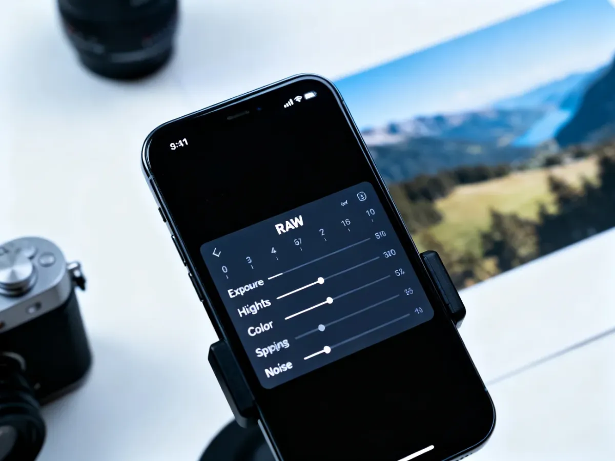 iPhone showing detailed RAW photo editing controls