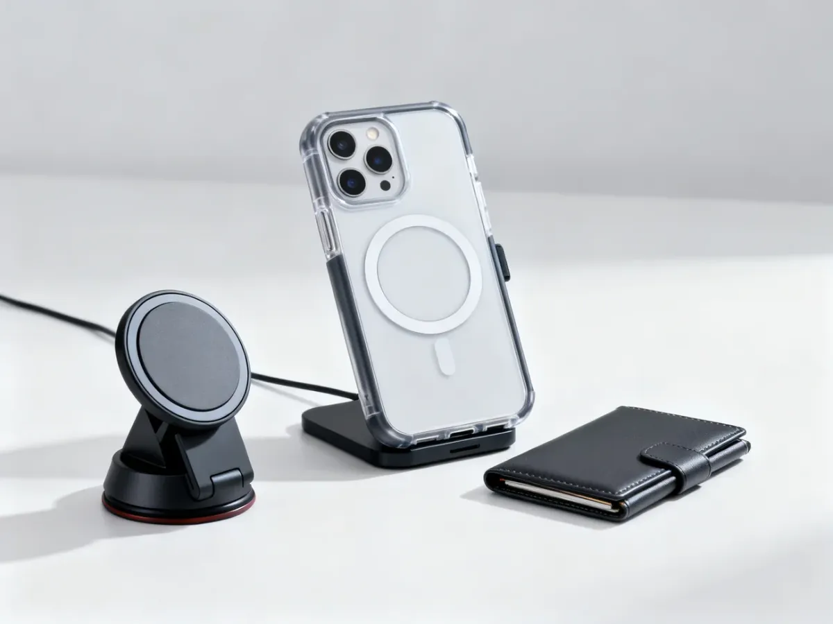 iPhone 12 w etui MagSafe z magnetyczną ładowarką i akcesoriami