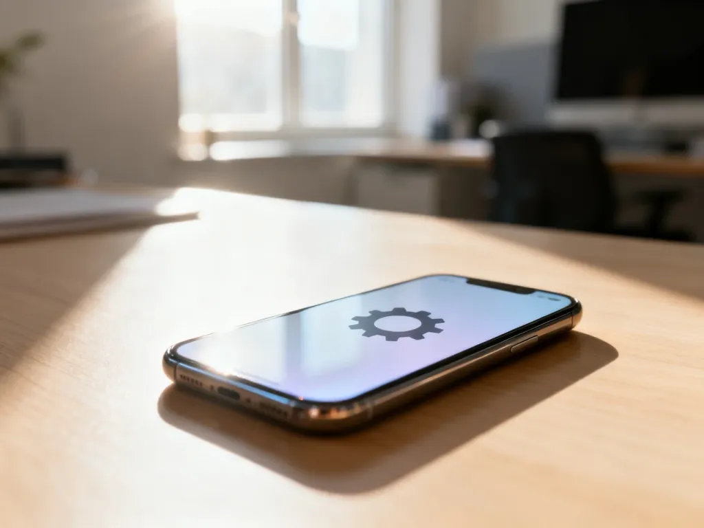 Nowoczesny smartfon z ikoną ustawień na ekranie, leżący na jasnym drewnianym biurku w słonecznym biurze.
