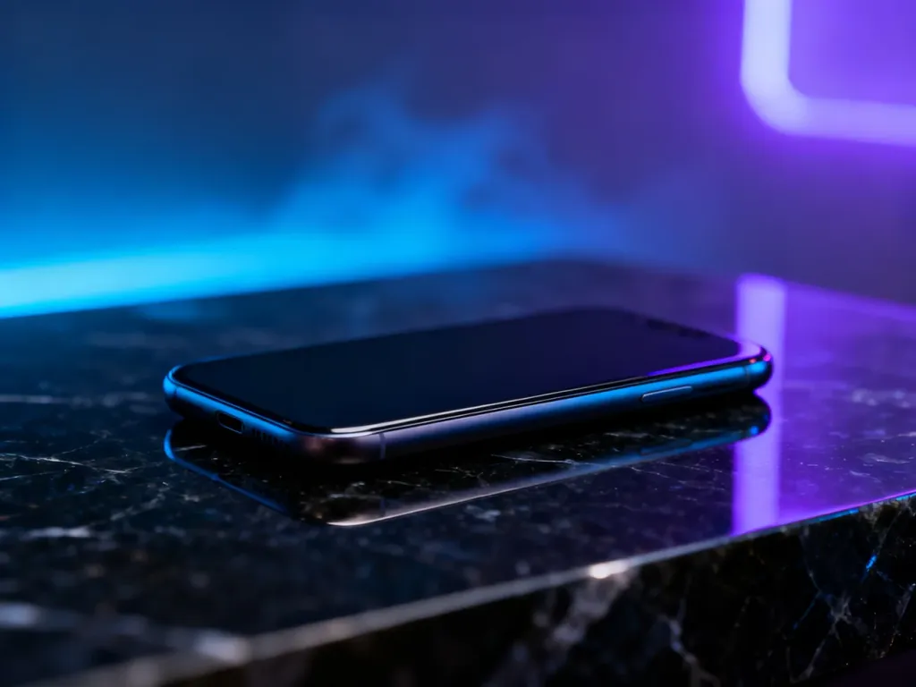 Futurystyczny smartfon na ciemnym, błyszczącym podłożu w otoczeniu neonowego światła, symbolizujący nowoczesną technologię.