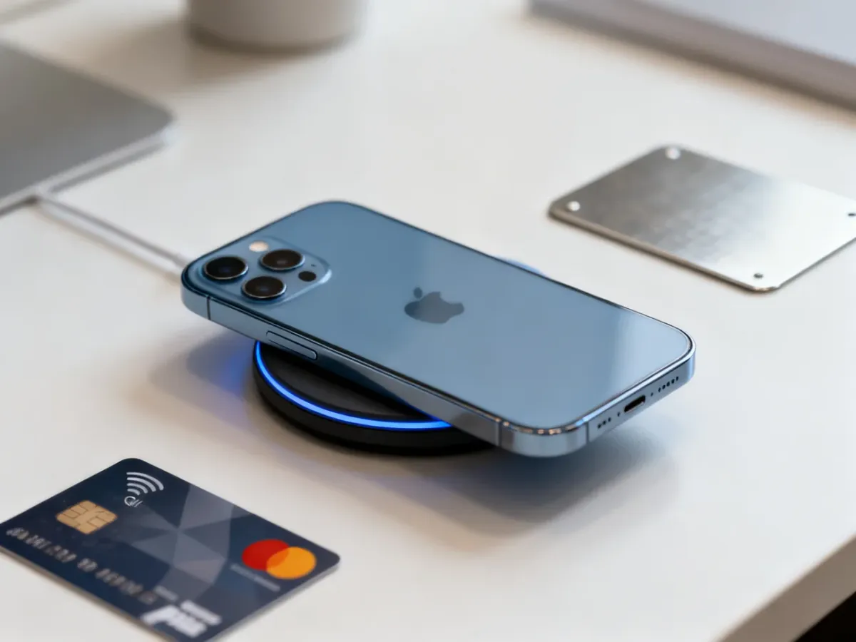 iPhone 12 na ładowarce Qi z usuniętymi metalowymi i magnetycznymi przedmiotami