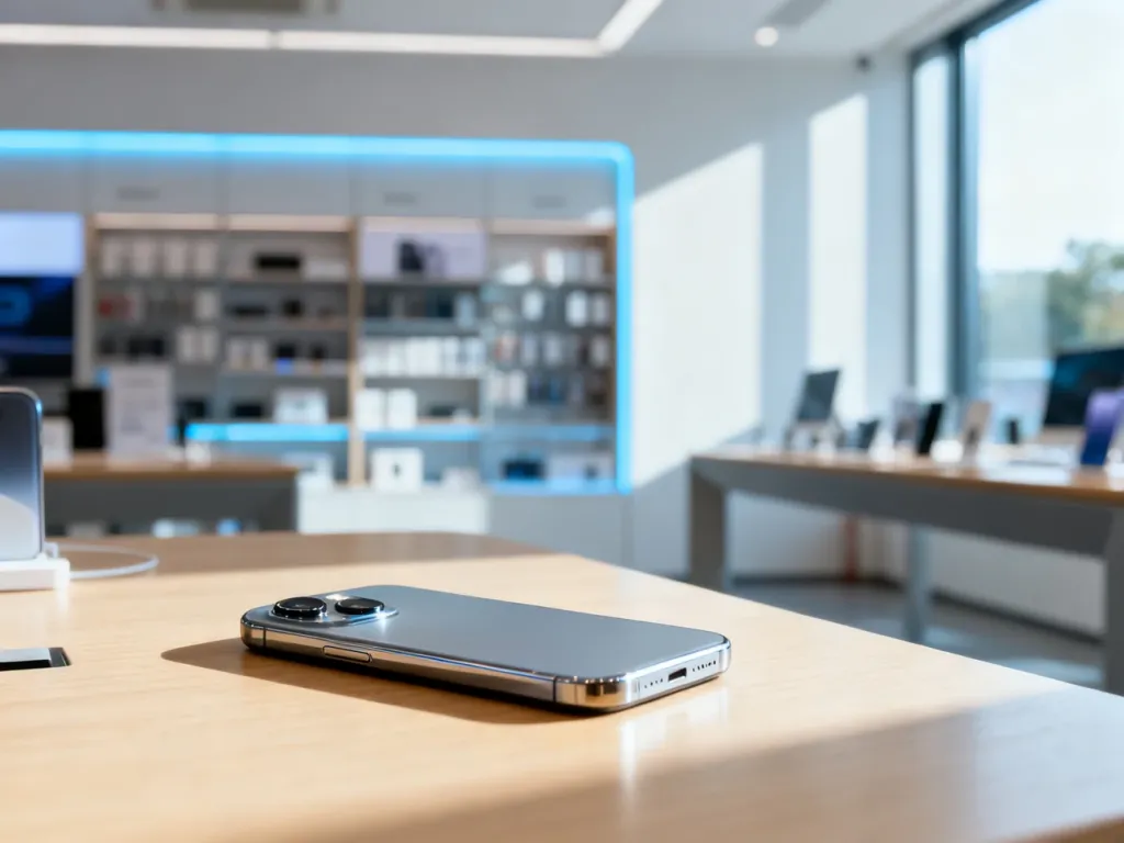 Nowoczesny smartfon leżący na minimalistycznym biurku w jasnym wnętrzu sklepu z elektroniką.