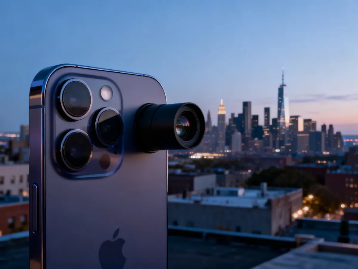 iPhone 14 Pro fotografujący odległą architekturę teleobiektywem