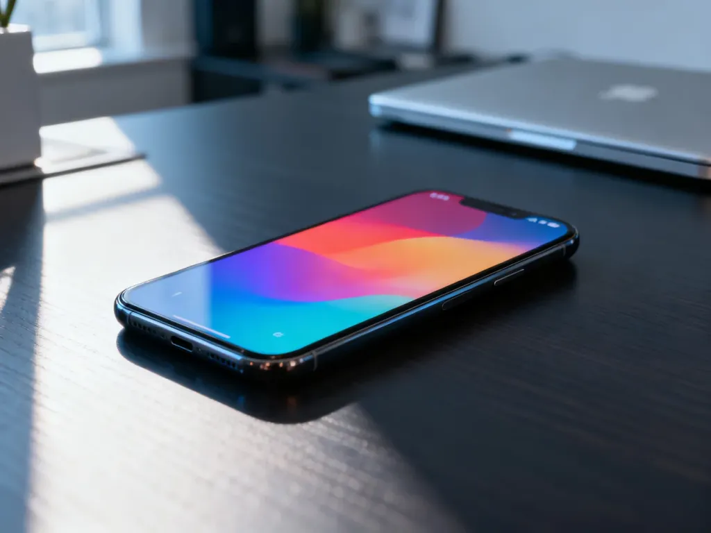 Nowoczesny smartfon z kolorową tapetą systemu iOS na tle minimalistycznego biurka.