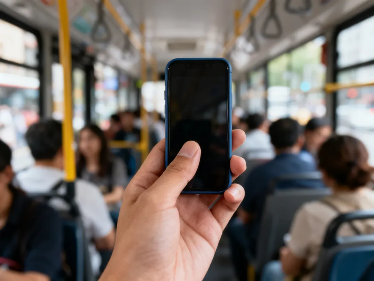Kompaktowy smartfon wygodnie obsługiwany jedną ręką w zatłoczonym autobusie