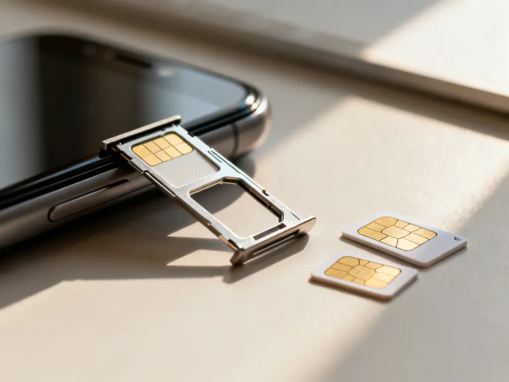Wysunięta tacka na karty SIM w smartfonie, ilustrująca obsługę dwóch kart w iPhone 13.
