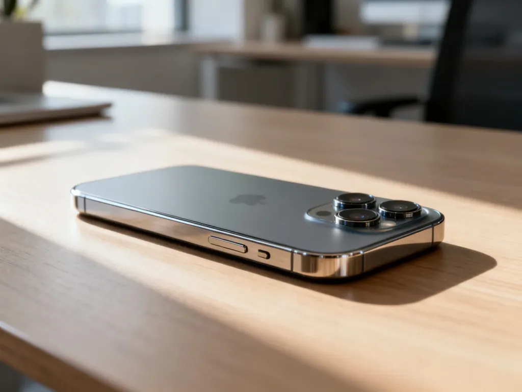Zbliżenie na tytanową obudowę i potrójny aparat iPhone'a 15 Pro leżącego na minimalistycznym biurku w świetle poranka.