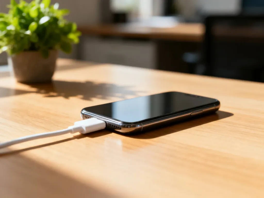 Kompaktowy iPhone 13 mini podłączony do ładowarki na drewnianym biurku w świetle poranka.