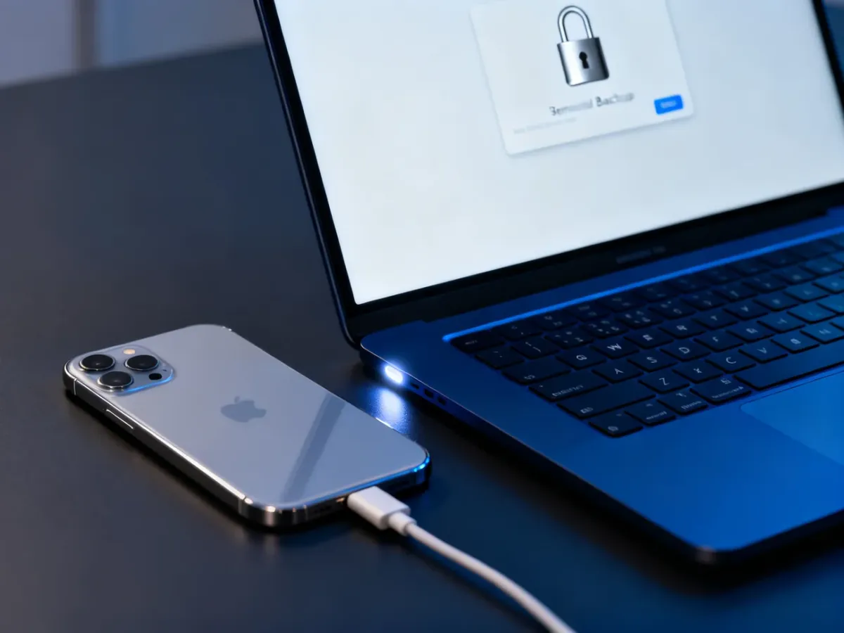 iPhone podłączony do laptopa podczas szyfrowania lokalnej kopii zapasowej