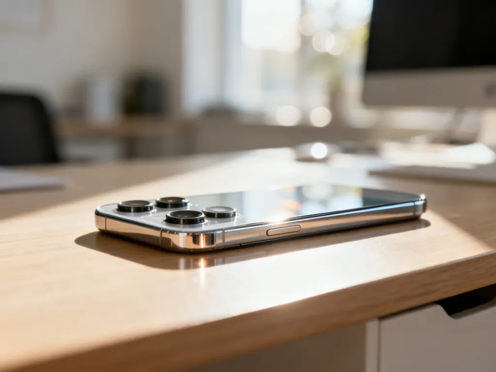 Zbliżenie na obiektywy aparatu i metalową ramkę iPhone'a 13 leżącego na minimalistycznym drewnianym biurku.