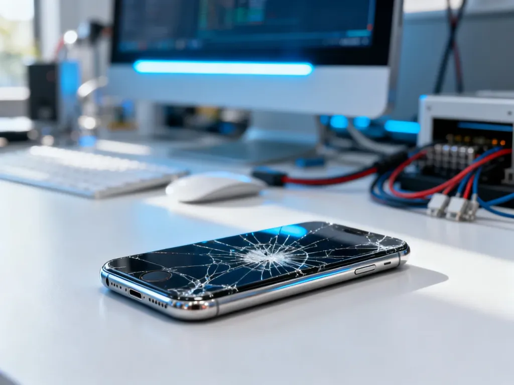Uszkodzony iPhone z pękniętym ekranem leżący na biurku w pobliżu sprzętu do odzyskiwania danych.