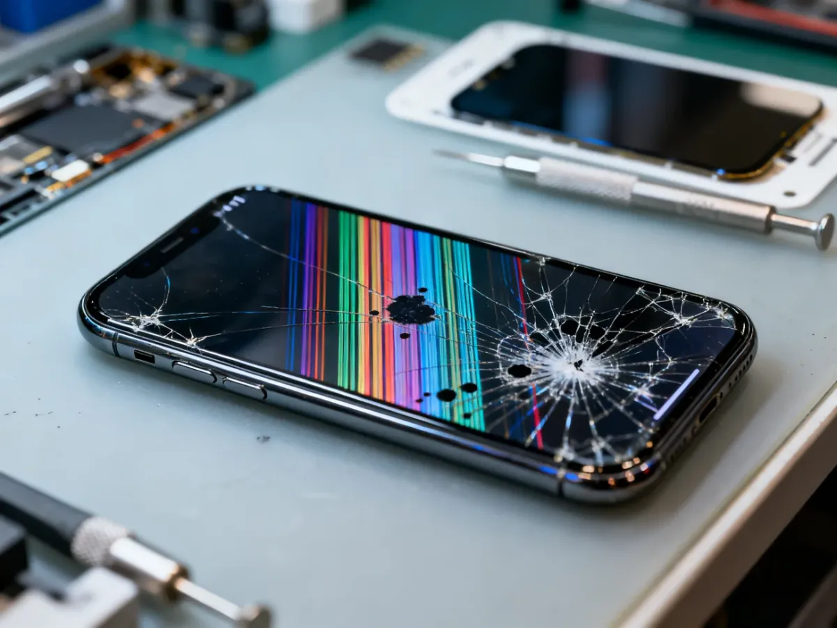 Uszkodzony wyświetlacz iPhone’a 11 z pęknięciami, paskami i plamami