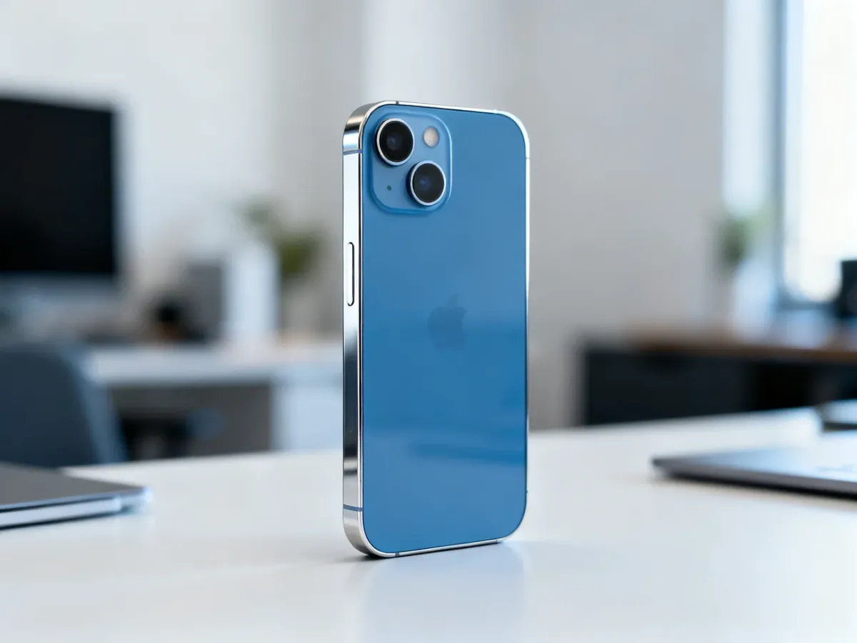 Niebieski iPhone 13 stojący na biurku w nowoczesnym domowym biurze