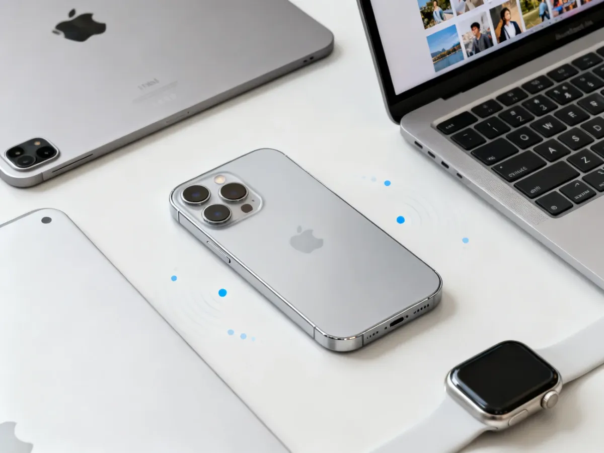 iPhone współpracujący z MacBookiem, iPadem i Apple Watchem