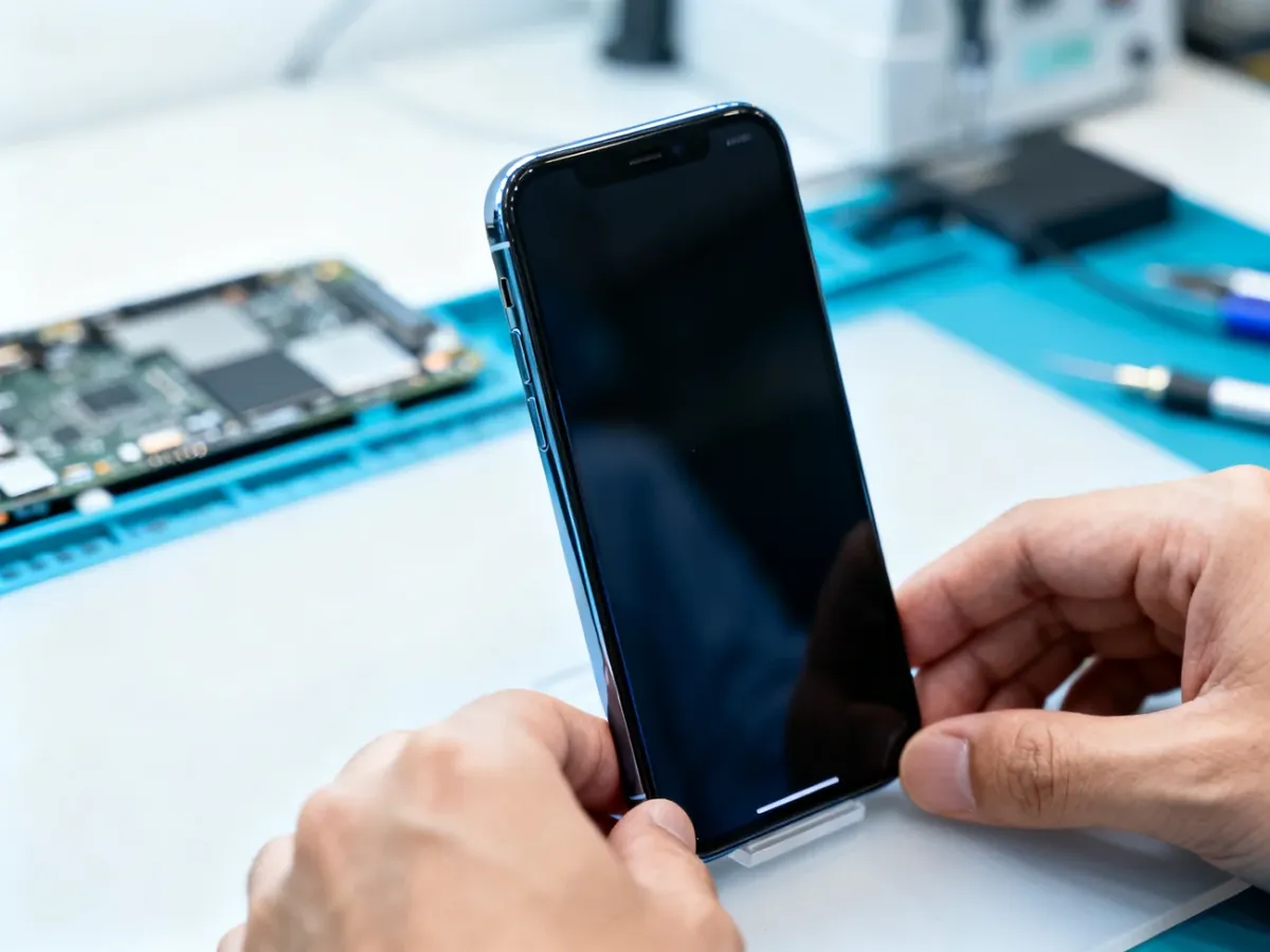 Odnowiony iPhone 11 sprawdzany na stanowisku serwisowym