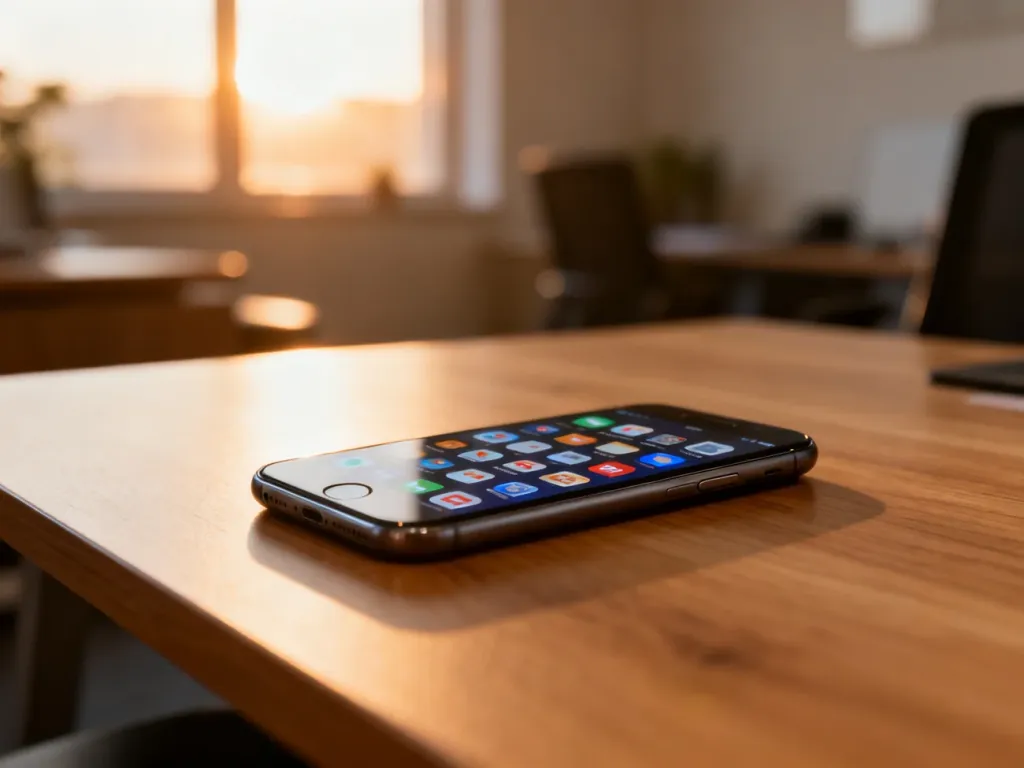 Nowoczesny smartfon z widoczną siatką ikon aplikacji na ekranie, leżący na drewnianym biurku w słonecznym biurze.