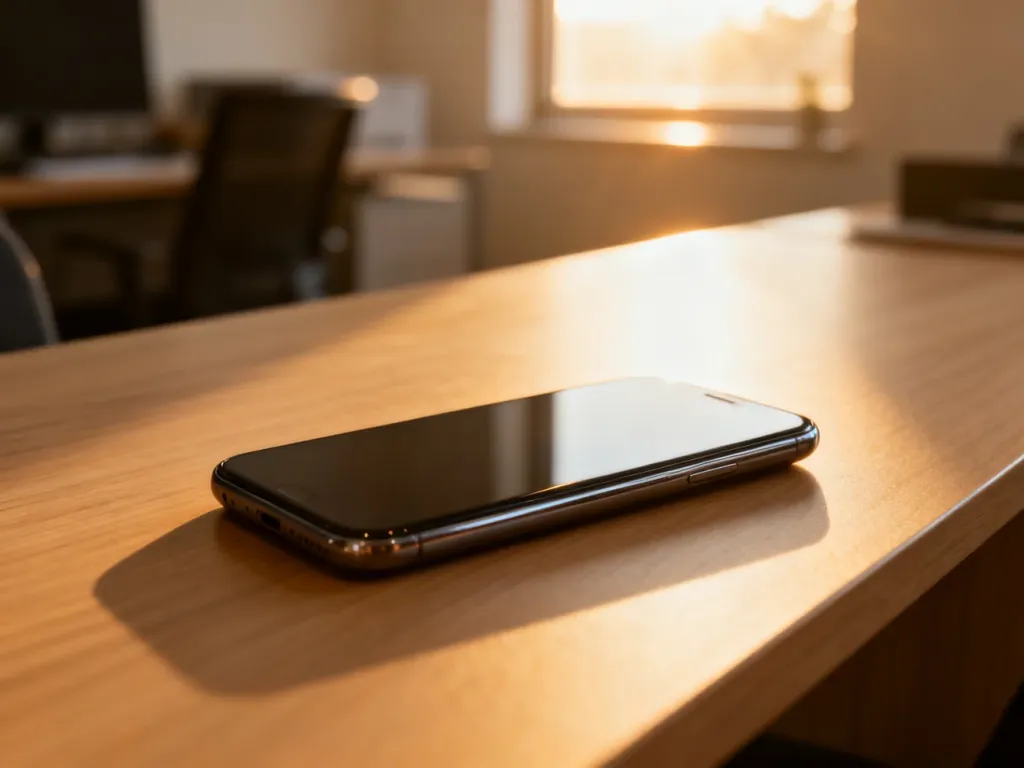 Nowoczesny smartfon leżący na minimalistycznym drewnianym biurku w świetle poranka, podkreślający elegancję urządzenia.