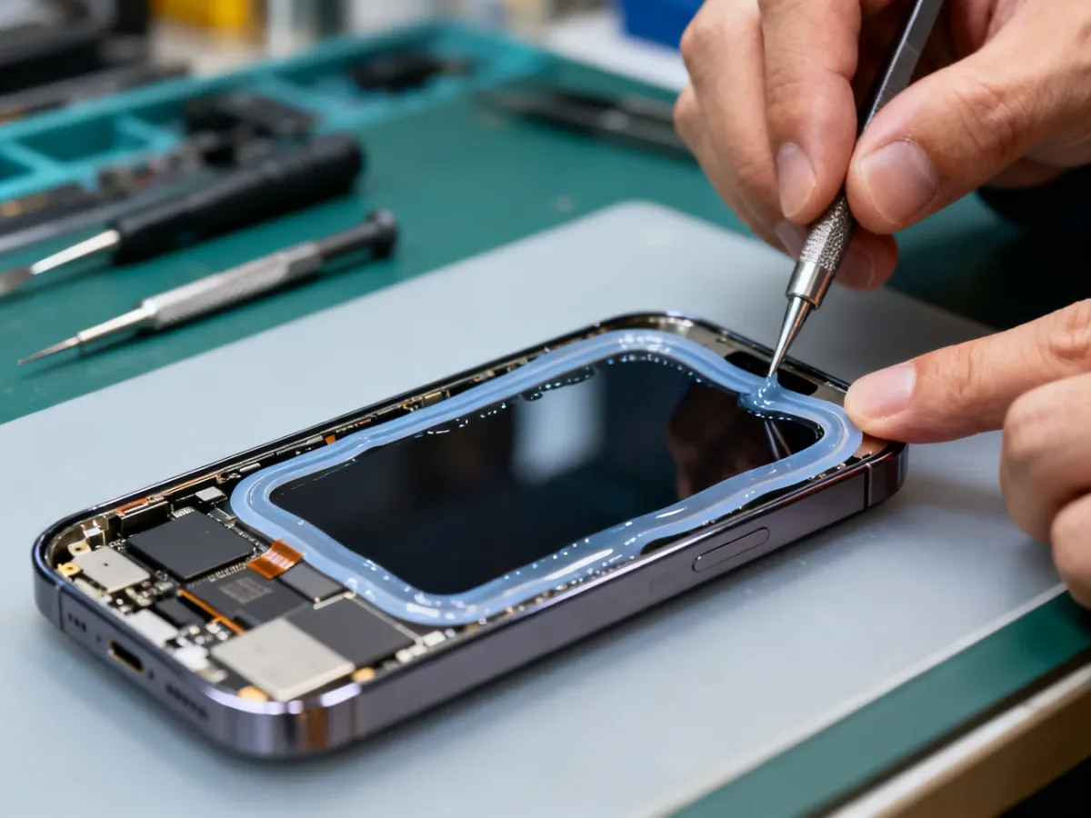 Serwisant zakładający nową uszczelkę po wymianie ekranu iPhone’a